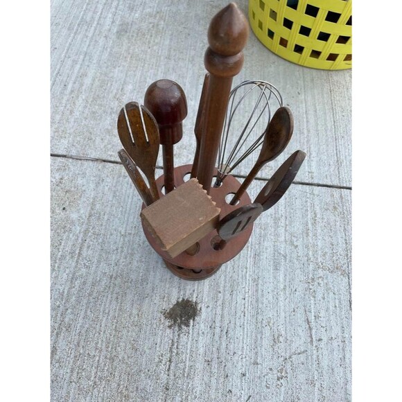 Vintage Solid Wood Utensil Set with Stand Made in Taiwan 10pc Set Walmart - Picture 1 of 4
